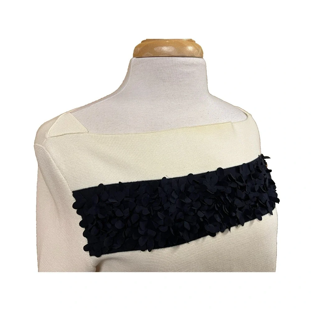 Tory Burch Flutter Flower Striped Top Bateau Neck Ivory Blue Long Sleeves SZ‎ M